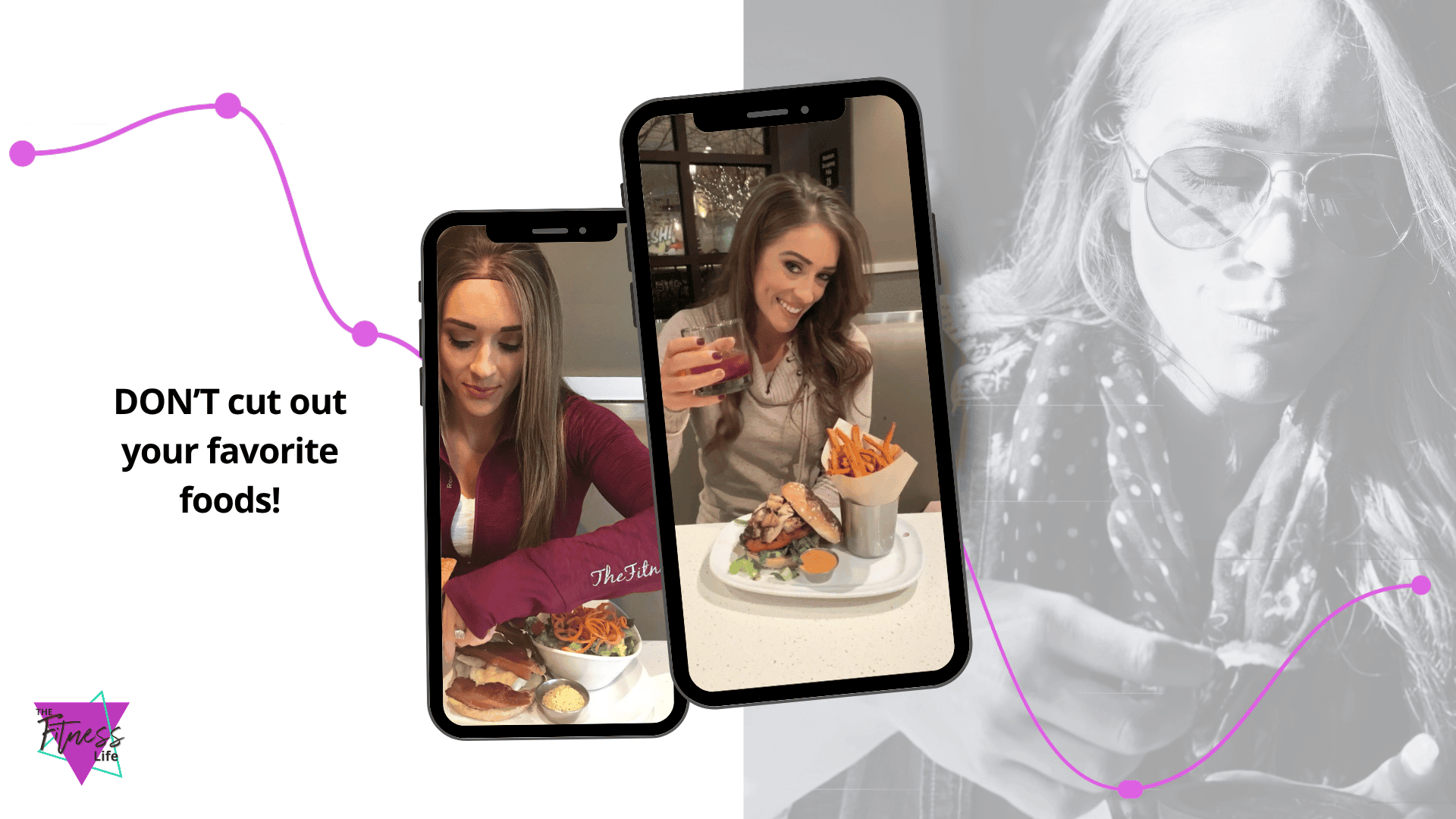 A female trainer enjoying her favorite foods and showing you don't have to cut out hamburgers, fries, and drinks