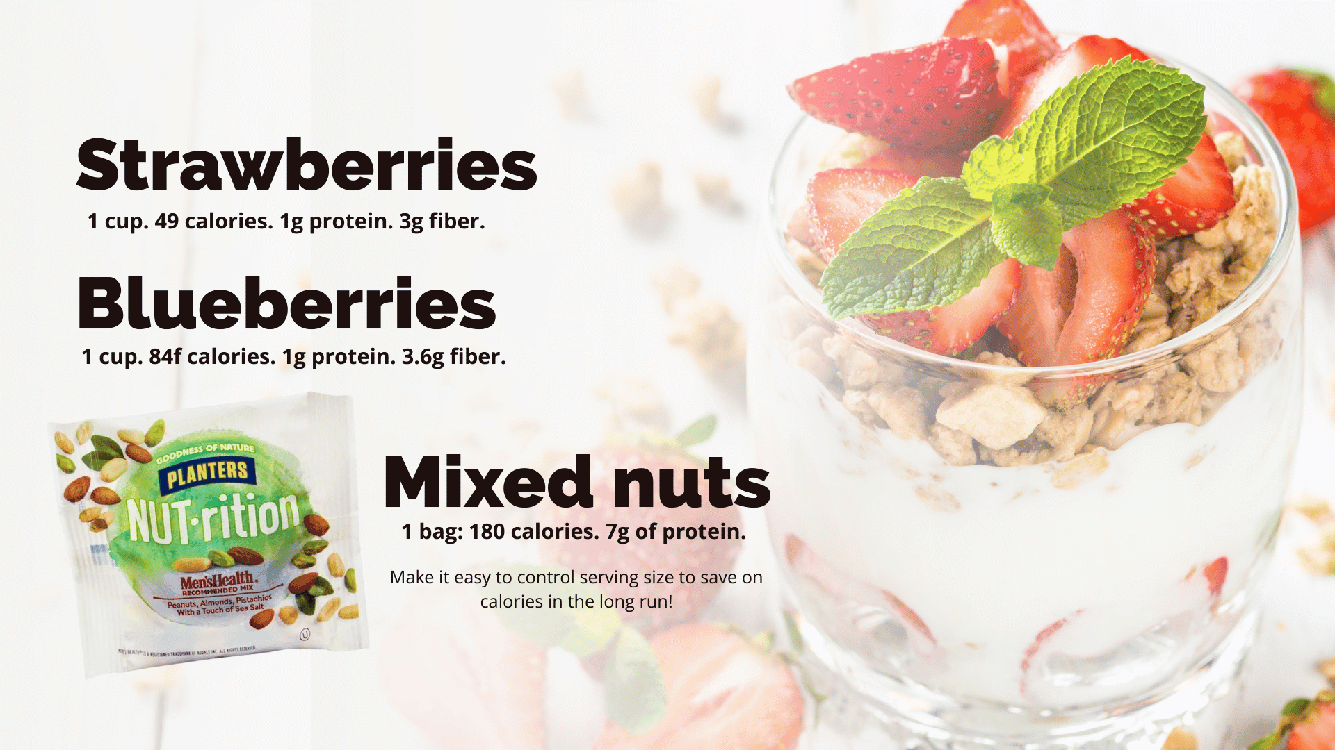 Showing strawberries, blueberries, and mix nut nutritional facts 