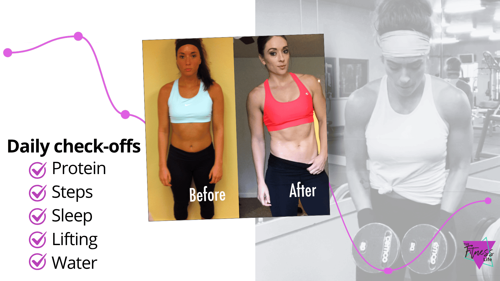 a female trainer showing her before and after photo and the importance of daily check offs like protein, steps, sleep, lifting, and water