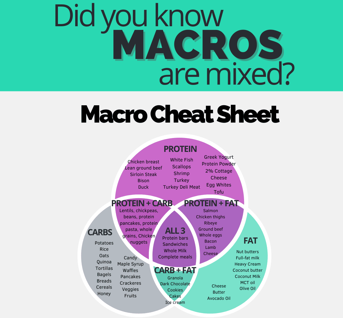 macro cheat sheet - showing how foods mixes across the 3 main categories - protein carbs and fats
