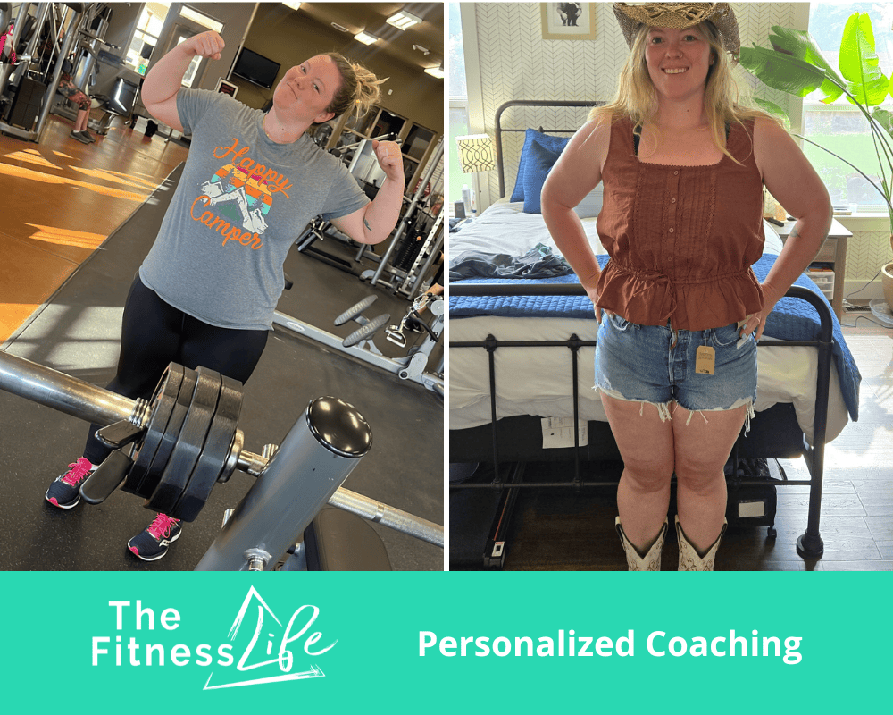 female client lifting and showing how much muscle she's put on since training with the fitness life