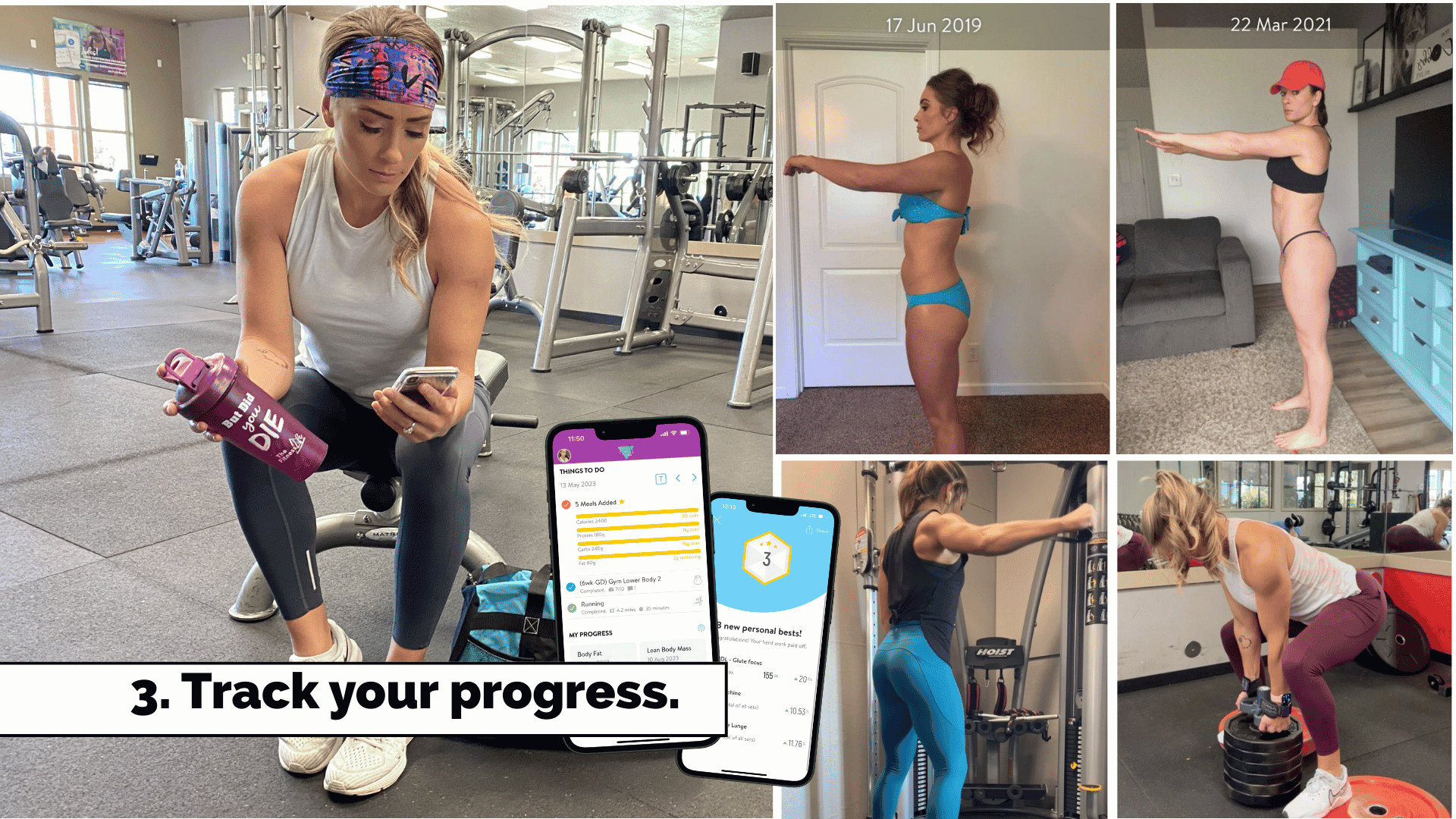 Tip 3: track your progress. Female showing before and after photos, and workouts in the fitness life app