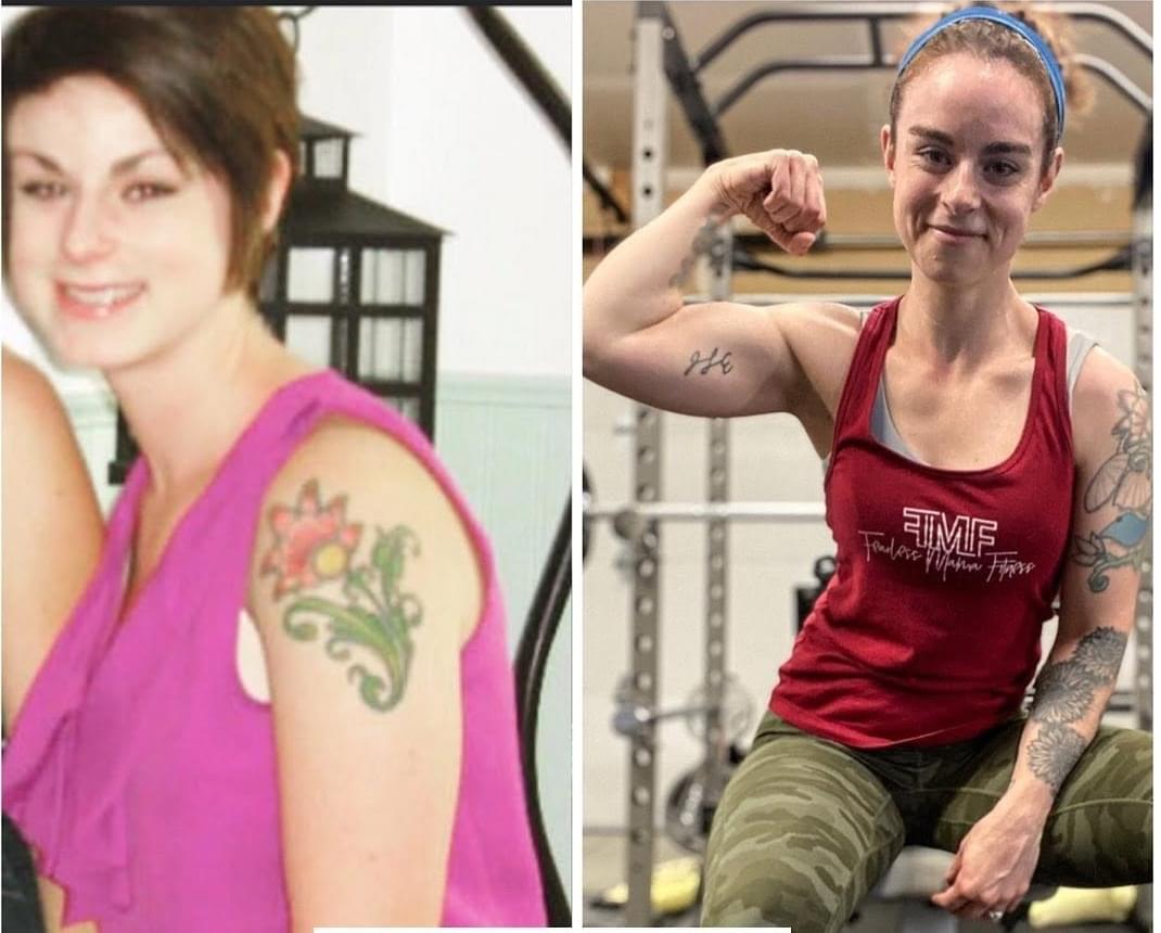 female personal trainer weight training and holding a bumper plate