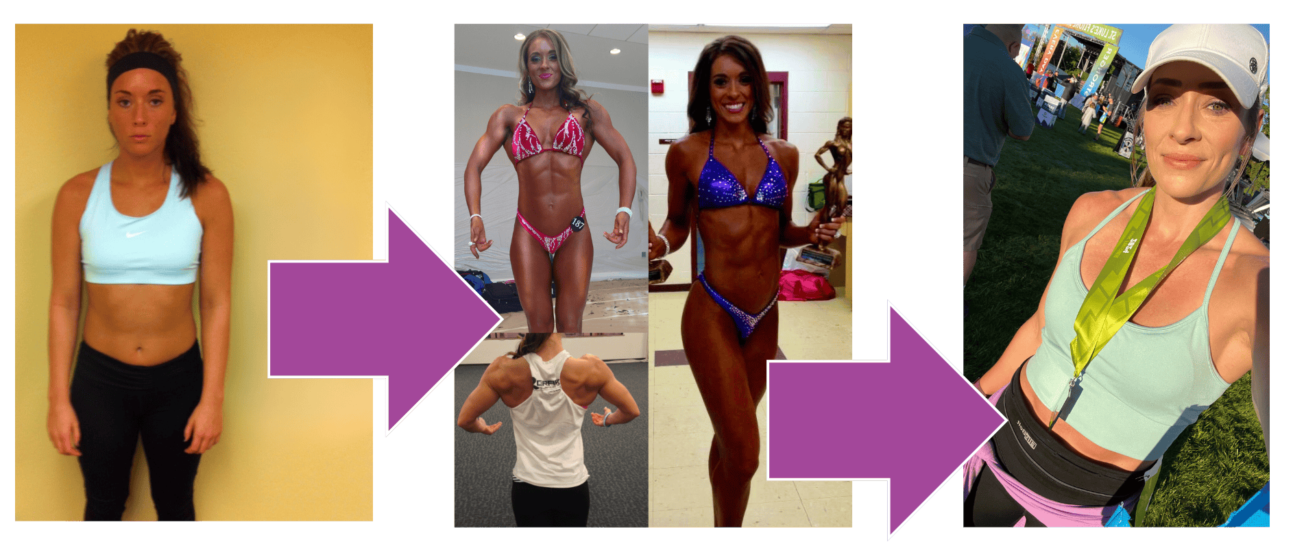 female coach showing her progress from before to bodybuilding to fit runner