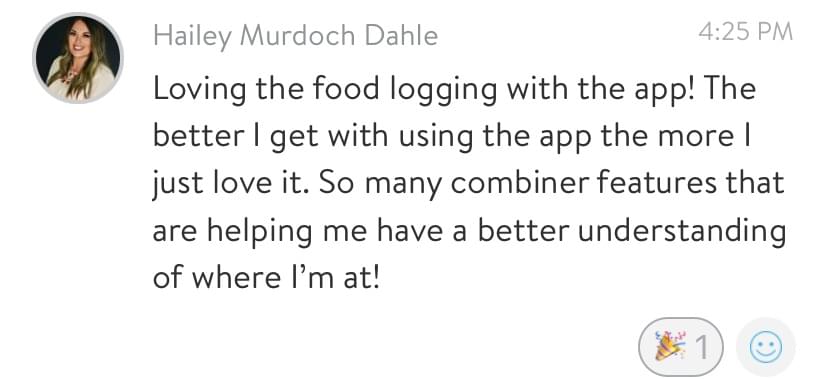 female online client review raving how she loves the app and using it to track her food